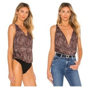 PAIGE V-Neck Leopard Print Nadynne Thong Bodysuit Mocha Bisque Womens Small NWT